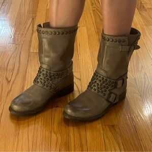 Frye Studded Grey Leather Moto Boots Mid calf.